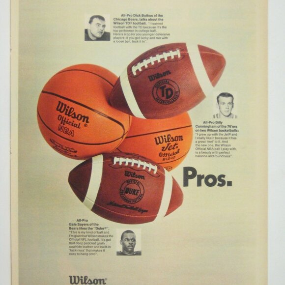 Wilson Official Sports Balls 1969 Ad Footballs Basketballs NFL Sayers Butkus NBA - Picture 2 of 2